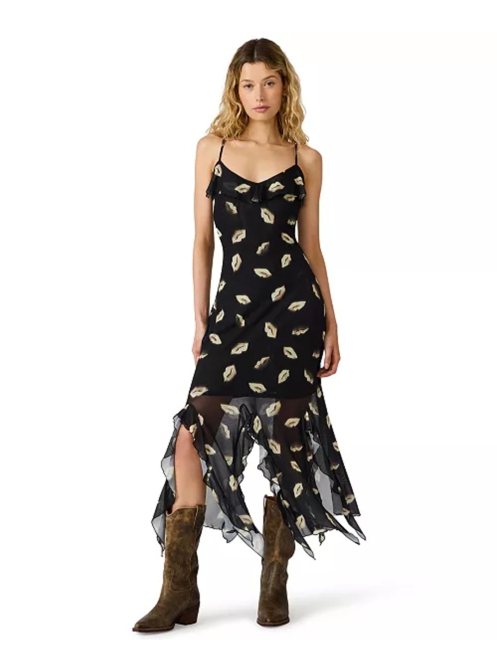 Steve Madden Black Midi Dress with Gold Lip Print